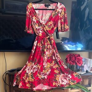 Donna Morgan Red Floral Wrap Midi Dress